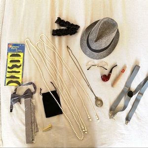 Lot of 1920s Costume Accessories Gangster Pearls Fedorah Pocket Watch Mustache